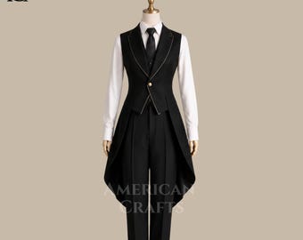 Schwarzer viktorianischer Frack für Frauen, Gothic Exekutiv-Hosenanzug, Steampunk-inspirierte Damenbekleidung, Aristokrat-formales Outfit