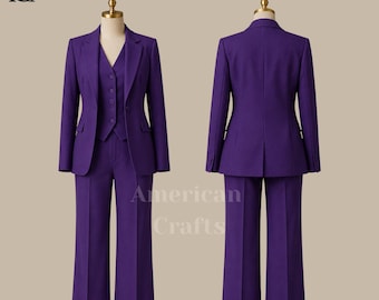 Royal Purple Women's Suit Set, Formal Blazer and Vest Outfit, Executive Office Wear, Handmade Pantsuit, Custom Made Suit