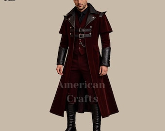 Burgundy Gothic Victorian Steampunk Long Coat Suit Velvet Tailcoat Outfit | Handmade Custom Men’s Cosplay Costume | Regency Vampire Outfit