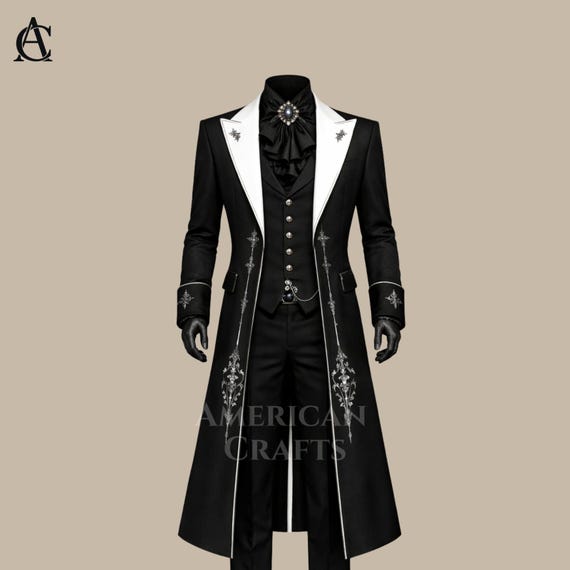 Victorian Gothic Tailcoat Suit Men, Black Embroidered Steampunk Coat, Regency Wedding Suit, Aristocrat Formal Outfit, Custom Tailored Suit