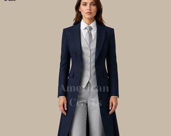 Marineblauw rokkostuum dames, Victoriaans broekpak, regentschap formele kleding, kantoorblazerset, handgemaakt aangepast pak