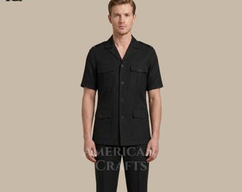 Herren Schwarz Safari Anzug Set, Vintage Military Style Outfit, Retro Kurzarm Shirt Hosen Set, Custom Herren Abendkleidung