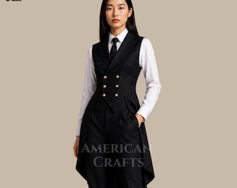 Schwarzer viktorianischer Steampunk-Anzug für Frauen, Gothic-Frack-Westen-Set, elegante Exekutive-Damenbekleidung, Aristokrat-formales Outfit