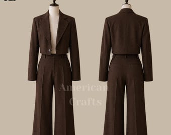 Chocolate Brown Cropped Blazer and Wide Leg Pants Set for Men, Contemporary Tailored Suit, Designer Co-Ord Outfit, Handmade