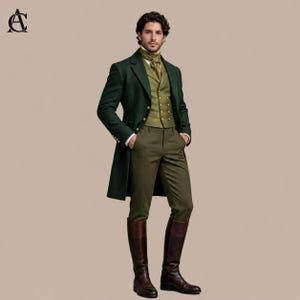 May include: A dark green coat with gold buttons, a matching waistcoat, and olive-green trousers. The outfit is completed with a light green scarf and brown riding boots. The ensemble is a classic, formal style.