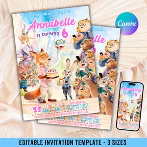 Könnte beinhalten: Eine Geburtstagseinladung mit Zeichentrickfiguren aus Zootopia. Die Einladung lautet "Annabelle wird 6" mit Veranstaltungsdetails. Das Design beinhaltet ein Telefon-Mockup und den Text "EDITABLE INVITATION TEMPLATE - 3 SIZES".