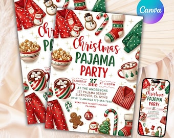 May include: Christmas Pajama Party invitation template in three sizes. The design features festive illustrations of pajamas, hot cocoa, popcorn, and candy canes. The invitation includes party details and a phone mockup.