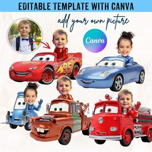 May include: An editable digital template featuring various cartoon car characters from the movie Cars, including Lightning McQueen, Sally, Mater, and a fire truck. Each vehicle has a space to insert a child's face, with text reading EDITABLE TEMPLATE WITH CANVA.