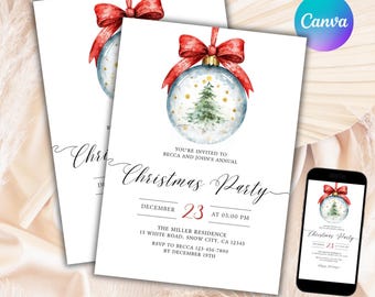 May include: White Christmas party invitation with a watercolor ornament design. The invitation includes the text "Christmas Party" and event details. A smartphone displays the invitation. The text "EDITABLE INVITATION TEMPLATE - 3 SIZES" is at the bottom.
