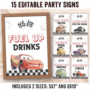 May include: A set of 15 editable party signs with a race car theme. The main sign says "FUEL UP DRINKS" with a red race car graphic. Additional signs include "Tacos," "Pizza," and "Snacks." Included are 5x7" and 8x10" sizes.