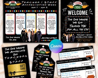 Editable Friends Themed Teacher & Staff Appreciation Kit, Teacher Appreciation Week Itinerary Bundle, Appreciation Week Set School PTO