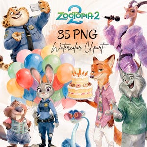 Puede incluir: Ilustración en acuarela con personajes de Zootopia, incluyendo a Judy Hopps y Nick Wilde. La imagen incluye globos de colores, un pastel y el texto "Zootopia 2" y "35 PNG Watercolor Clipart."