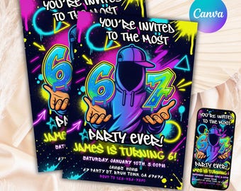 Editable 6-7 Birthday Invitation, Meme Trending Six Seven Party Invite, Bruh, Boy Birthday, Kids Birthday Graffiti Digital Invite