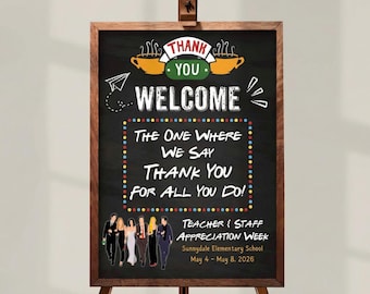 Cartel de bienvenida editable con temática de amigos, cartel de bienvenida de agradecimiento al personal docente, cartel para profesores, Canva