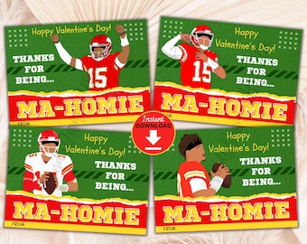 Tarjetas de San Valentín de Mahomie, Tarjetas de San Valentín imprimibles para el aula infantil, San Valentín de los Kansas City Chiefs, Niño de fútbol americano deportivo, Descarga instantánea