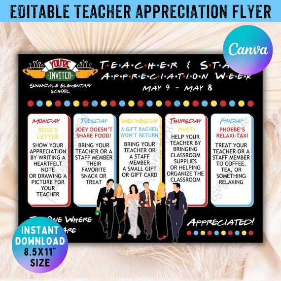 Editable Friends Themed Teacher & Staff Appreciation Flyer, Teacher Appreciation Week Itinerary Poster Appreciation Week Schedule School PTO