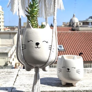 Può includere: Due vasi in ceramica bianca a forma di gatto con tratti del viso neri dipinti, inclusi occhi, naso e baffi. Un vaso è sospeso in un supporto in macramè color crema con perline di legno e frange, contenente una pianta grassa verde.