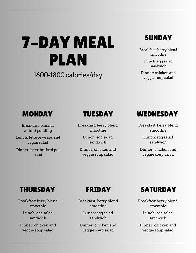 7 Day Healthy Meal Plan Weight Loss Meal Prep Guide - Etsy