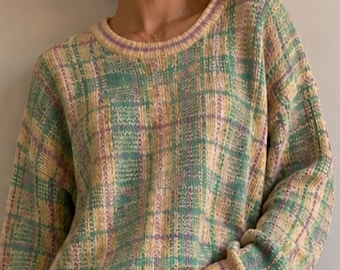 Vintage 90s Colours Alexander Julian Cotton Knit Sweater, Oversized Pastel Abstract Pullover, Grandpa Grunge Boho Slouchy Jumper, Size L