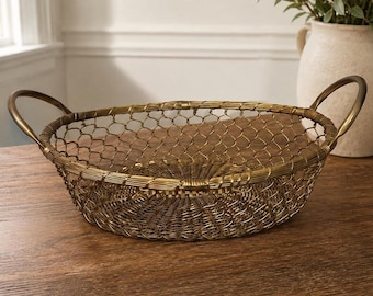 Vintage Brass Wire Basket with Handles | Woven Metal Fruit Basket | Oval Farmhouse Kitchen Decor | Decorative Storage Basket