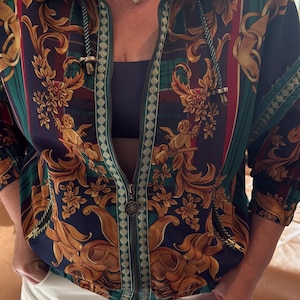 Vintage 90s Epogee Baroque Windbreaker Jacket, Teal Gold Zip Up Jacket, Retro Statement Jacket, Women's M Oversized Style