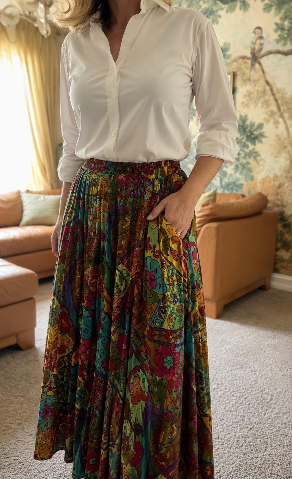 Vintage Carole Little Maxi Skirt 100% Rayon Gauze Floral Boho Skirt Cottagecore Prairie Festival Skirt Women's Size 6