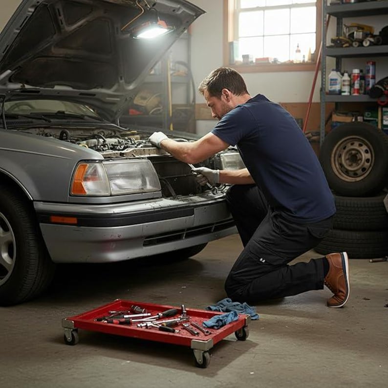 Peut inclure: Un m&eacute;canicien travaille sur une voiture argent&eacute;e, le capot ouvert. Un plateau &agrave; outils rouge roulant avec divers outils est devant la voiture. Le m&eacute;canicien porte une chemise bleu marine, un pantalon noir et des bottes marron. Le garage a une lumi&egrave;re vive au plafond.