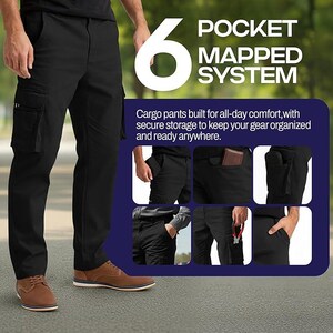 Peut inclure: Pantalon cargo noir avec plusieurs poches, faisant partie d'un syst&egrave;me de poches cartographi&eacute;es. L'image montre le pantalon port&eacute; par une personne, ainsi que des vues rapproch&eacute;es des poches. Le texte sur l'image indique "6 POCKET MAPPED SYSTEM."