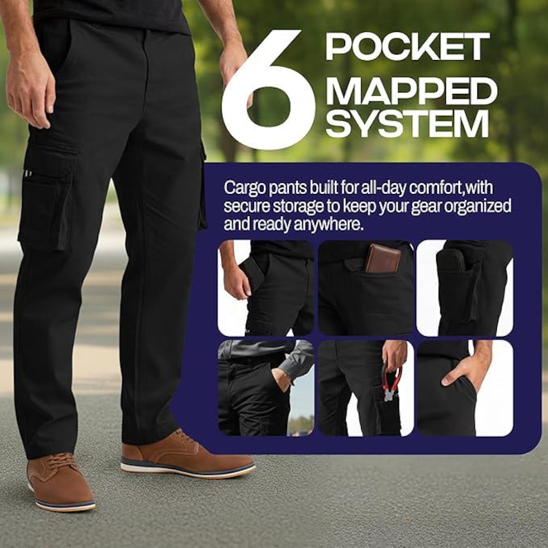 Peut inclure: Pantalon cargo noir avec plusieurs poches, faisant partie d'un syst&egrave;me de poches cartographi&eacute;es. L'image montre le pantalon port&eacute; par une personne, ainsi que des vues rapproch&eacute;es des poches. Le texte sur l'image indique "6 POCKET MAPPED SYSTEM."