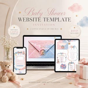 編集可能な「きらきら星」ベビーシャワーウェブサイト招待状テンプレート！Canva RSVP付きのジェンダーニュートラルな招待状！