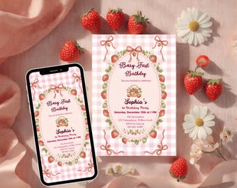 Berry First Birthday Invitation | Strawberry First Birthday Invite Girl | Pink Gingham Strawberry Party | Editable Canva Template