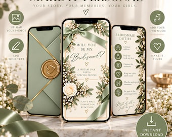 Sage Green Bridesmaid Proposal Video, Will You Be My Bridesmaid Digital Card, Editable Canva Template, Animated Proposal, Maid of Honor