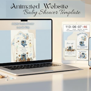 May include: A laptop, tablet, and smartphone showcase a baby shower website template. The design features a blue Cookie Monster theme with the text "Animated Website Baby Shower Template" and "A Little Cookie Monster is on the Way."