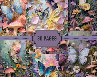Whimsical Fairy Tale Garden Journal Pages | Watercolor Butterfly & Floral Junk Journal Backgrounds | Printable Kit