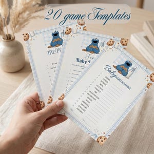 May include: Three baby shower game templates featuring a blue Cookie Monster character and chocolate chip cookies. The templates have a light blue gingham border and include the text "20 game Templates". The games include "The Price is Right" and "Baby Word Scramble".