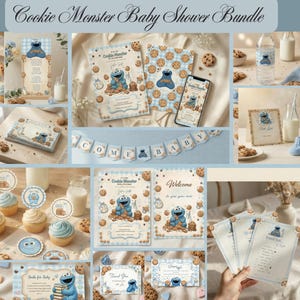 Puede incluir: Un conjunto de decoraciones y papelería para baby shower con temática de Cookie Monster. Los artículos incluyen invitaciones, adornos para cupcakes, letreros de bienvenida y tarjetas de agradecimiento. El esquema de color es azul claro y marrón, con ilustraciones de galletas y leche.