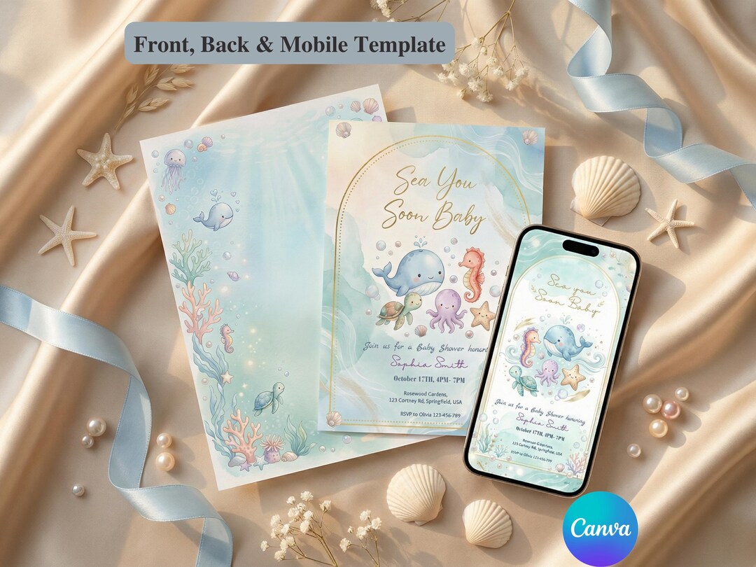 Sea You Soon Baby Shower Invite, Under the Sea Blue Canva Invitation ...