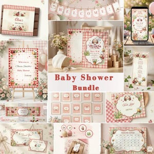 Puede incluir: Un conjunto para baby shower con un tema de cuadros rojos y blancos. El conjunto incluye invitaciones, letreros y etiquetas con diseños florales y de mariquitas. El texto "Baby Shower Bundle" se muestra en rojo. La estética general es vintage y encantadora.