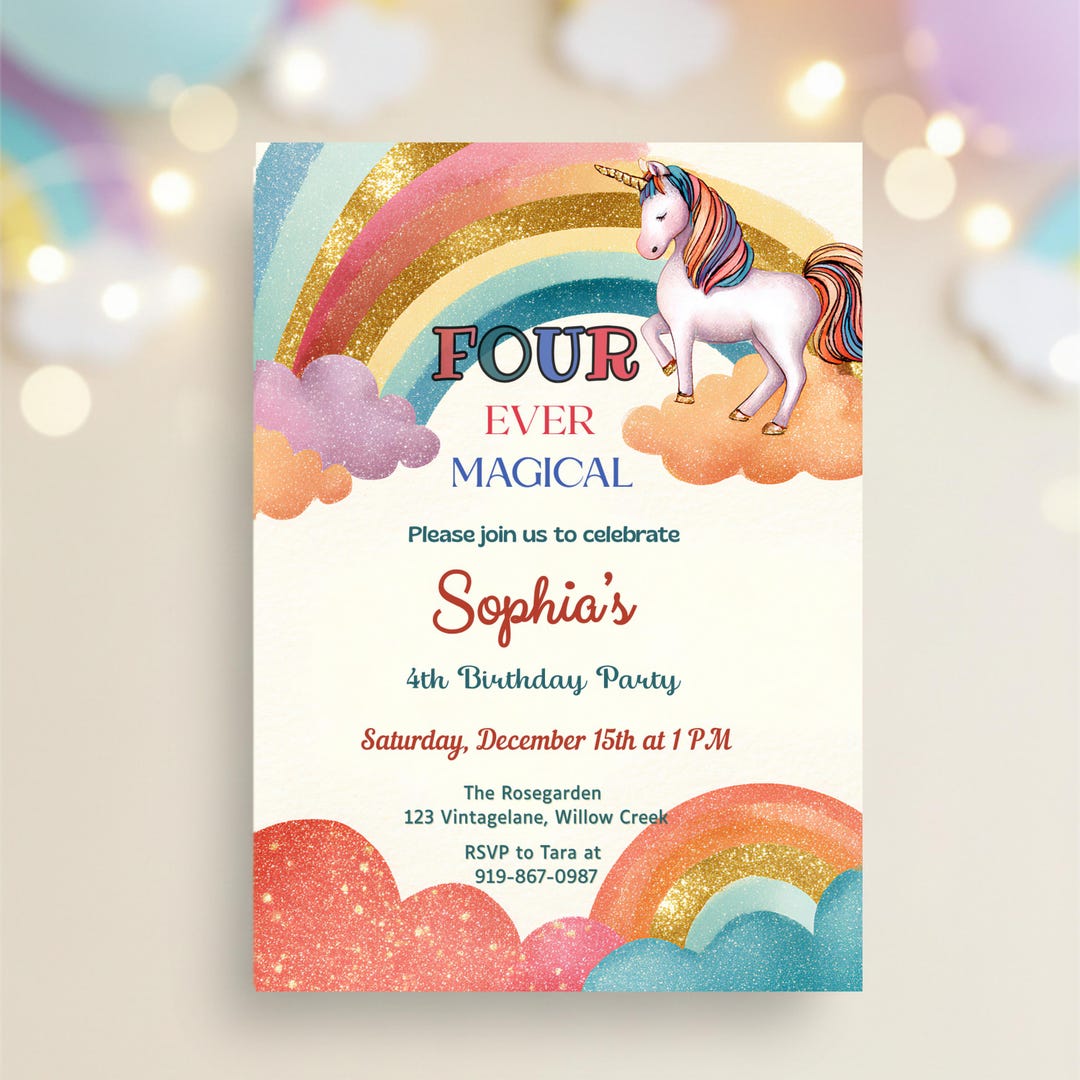 Editable Unicorn 4th Birthday Invitation, Four Ever Magica Party Invite ...