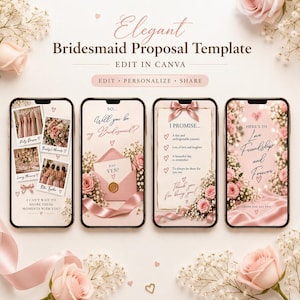 Puede incluir: Una plantilla digital para propuestas de dama de honor con cuatro pantallas de smartphone que muestran diseños florales rosas y blancos, texto que incluye "Will you be my Bridesmaid?" y "I Promise", junto con collages de fotos y cintas.