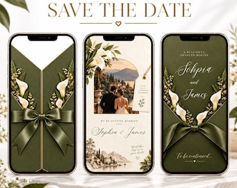 May include: Three smartphones displaying digital save the date invitations in olive green. The screens feature calla lily illustrations, satin bows, and text including "Sophia and James" and "A beautiful chapter begins" with scenic landscape imagery.