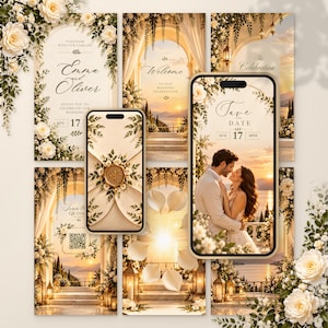 May include: A collection of digital wedding invitation templates displayed on two smartphones, featuring cream-colored backgrounds, white floral accents, sunset coastal archway imagery, and text including Emma and Oliver, Welcome, and Save the Date.