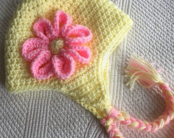 Crochet Hat with Earflaps, Yellow and Pink Hat, Crochet Hat with Flower, Newborn Hat, Hat with Fleece Lining, Hat with Earflaps, Child Hat