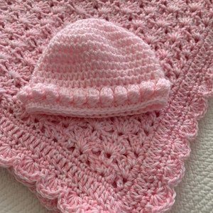 Crochet Pink Baby Afghan and Hat, Newborn Baby Gift, Baby Shower Gift Set, Newborn Baby Girl Hat, Pink Baby Blanket, Pink Baby Afghan