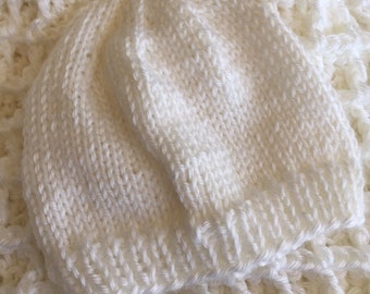 Cozy Baby Afghan and Knit Hat in "White", Crochet Baby Blanket, Crochet Baby Afghan, Spring Afghan, Newborn Baby Afghan, Waffle Stitch