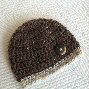 Crochet Baby Beanie in Brown and Tan, Crochet Baby Hat, Newborn Hat, Winter Hat, Baby Boy Hat, Christmas Baby Hat, Little Boy Hat