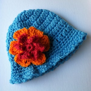 Crochet Baby Hat with Flower, Blue, Fuscia and Orange Baby Hat, Newborn Hat with Flower, Crochet Baby Hat, Newborn Baby Hat