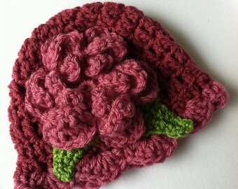 Crochet Baby Hat with Flower, Medium and Dark Fuscia Baby Hat, Newborn Hat with Flower, Crochet Baby Hat, Newborn Hat, Infant Hat