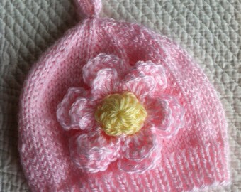 So Soft Knit Baby Girl Hat, Cozy Knitted Baby Beanie, Snuggly Hat, Newborn Girl Hat, Pink Baby Hat, Pink Hat with Flower