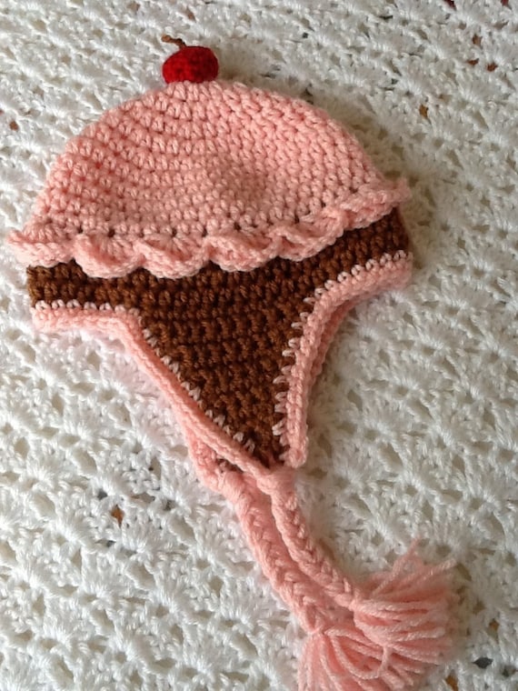 Crochet Ice Cream Cone Hat and Earflaps, Pink Hat, Crochet Hat